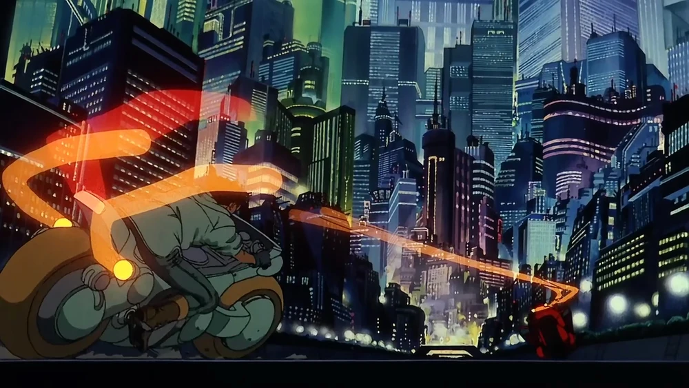 Personagem de anime numa moto correndo pela cidade a noite